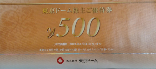 東京ドーム 株主優待券 500円 (東京ドームシティ利用券)